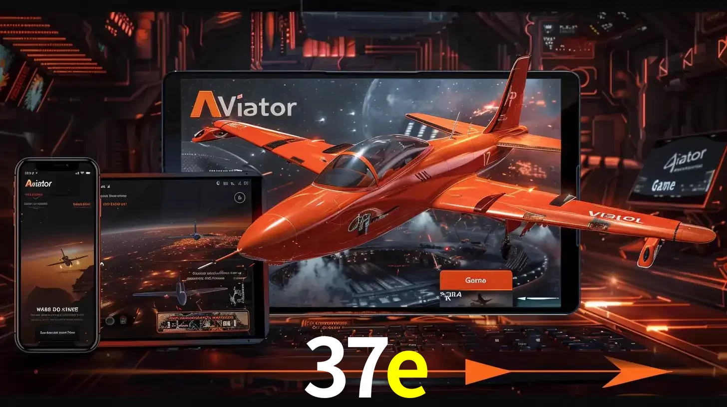 Apresentação tecnológica do jogo Aviator com um avião saindo da tela de um tablet, demonstrando a experiência imersiva em múltiplos dispositivos no 37e.