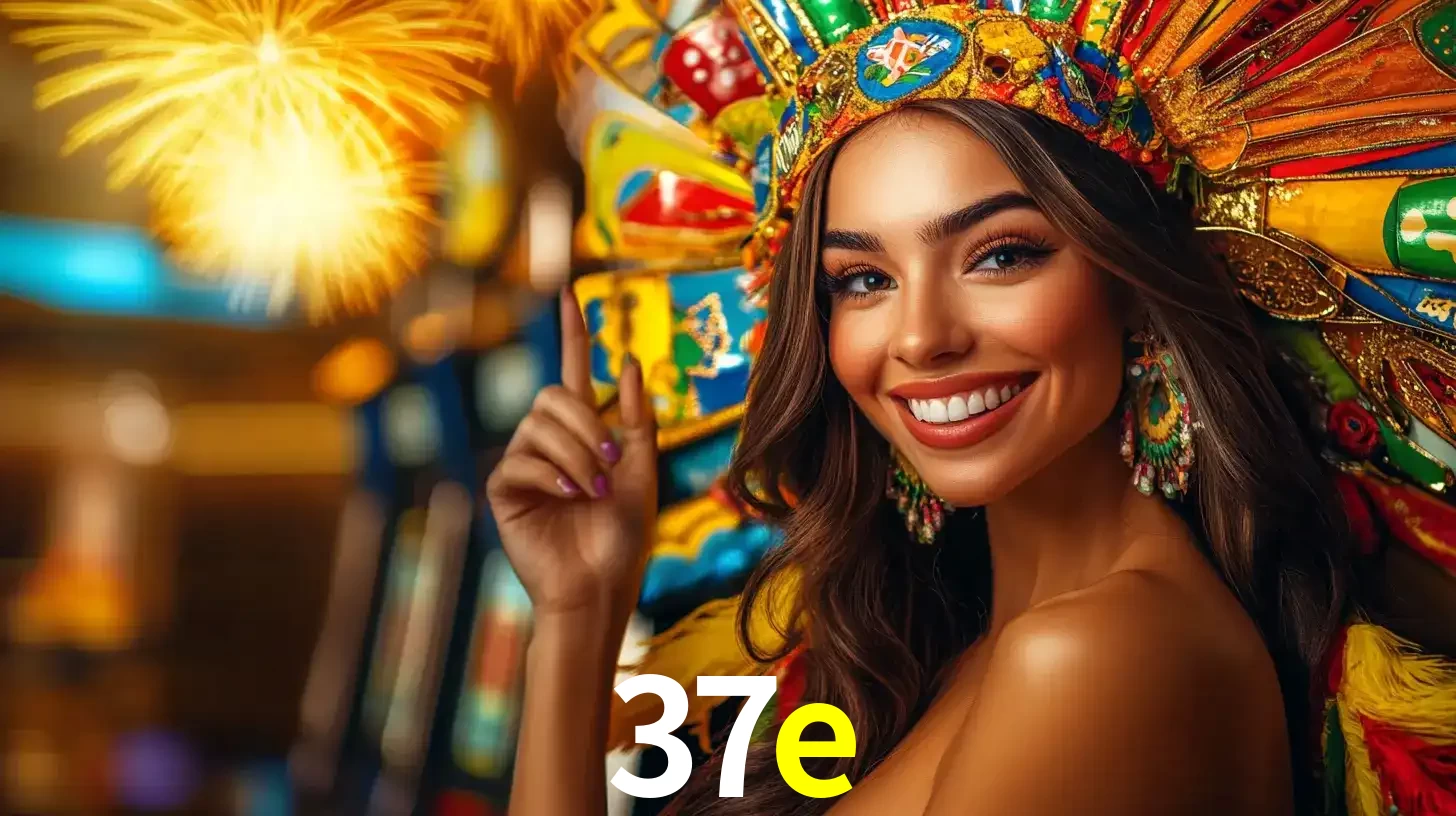 Mulher sorridente com um cocar de carnaval vibrante e colorido, celebrando uma grande vitória nos jogos do cassino 37e com fogos de artifício ao fundo.