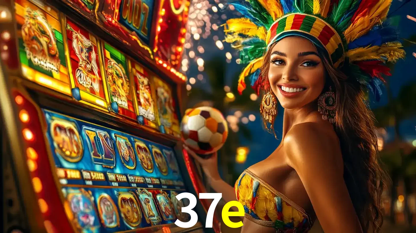 Mulher com um cocar de carnaval ao lado de uma máquina de caça-níqueis enquanto segura uma bola de futebol, mostrando a união da diversão de cassino e esportes no 37e.