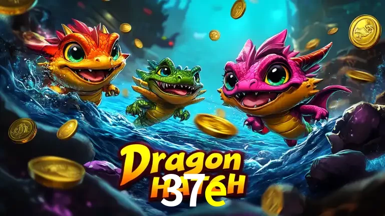 Arte promocional do jogo Dragon Hatch com três adoráveis dragões bebês nadando entre moedas de ouro, um dos slots mais divertidos para jogar no cassino 37e.