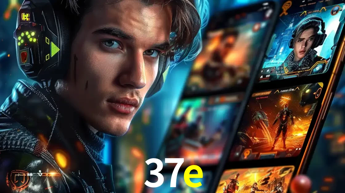 Jovem jogador com fones de ouvido olhando para a câmera, com um aplicativo de jogos e e-sports para celular ao fundo, pronto para a competição e apostas no 37e.
