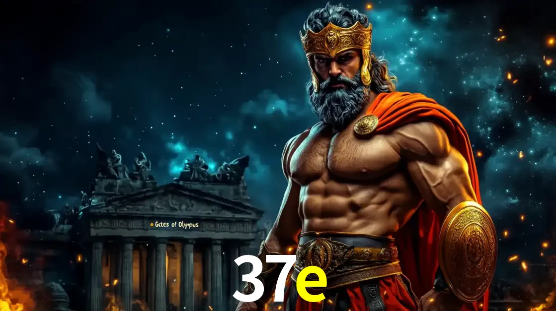 O poderoso Zeus do jogo de slot Gates of Olympus em frente ao seu templo, pronto para lançar multiplicadores divinos e prêmios épicos no cassino online 37e.