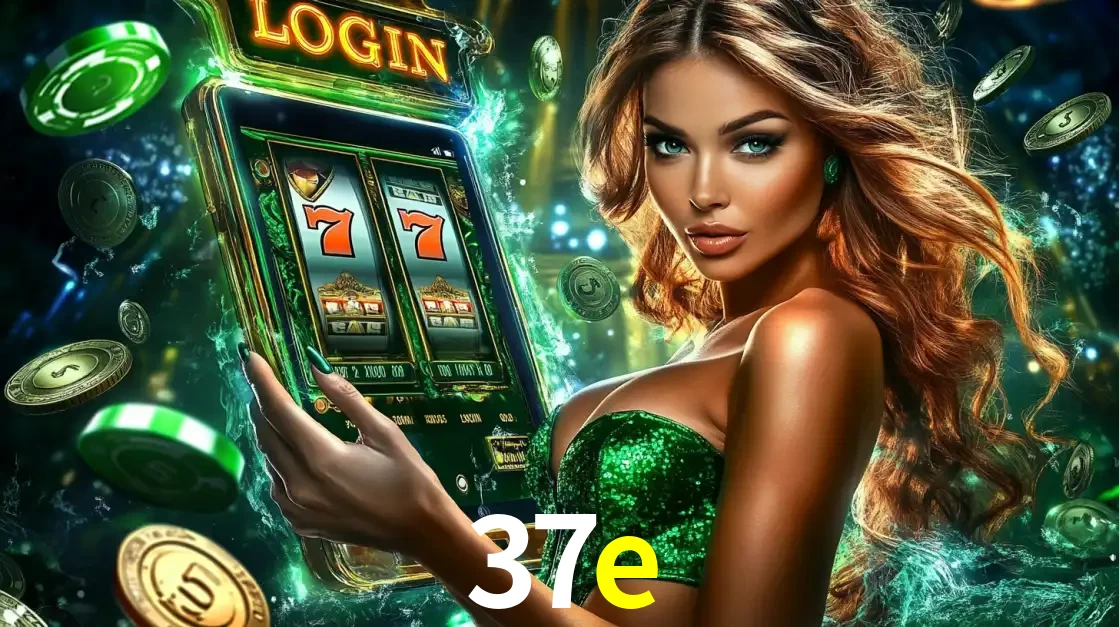 Mulher com tema verde apresentando o aplicativo do cassino 37e com um jogo de slot de 777, cercada por fichas de cassino e uma aura de sorte.