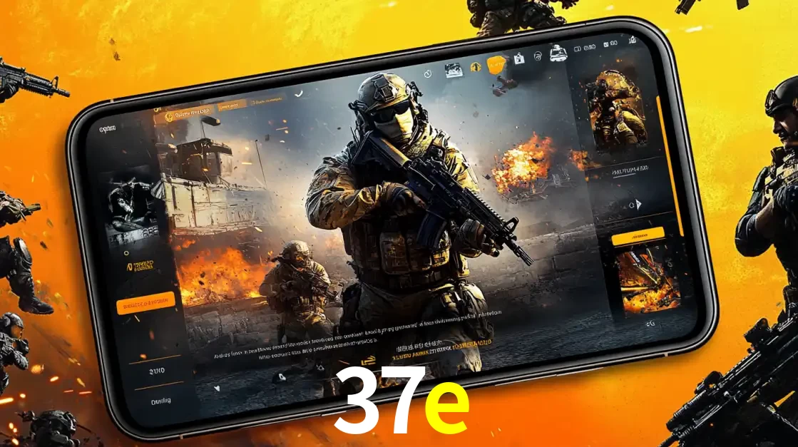 Um smartphone exibindo a interface de um jogo de tiro em primeira pessoa, com um soldado em um cenário de batalha, representando a ação dos e-sports para apostar no 37e.