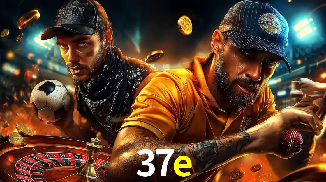 Montagem de apostas esportivas e cassino no 37e, com um homem segurando uma bola de futebol e outro uma de beisebol sobre uma roleta e moedas voadoras.