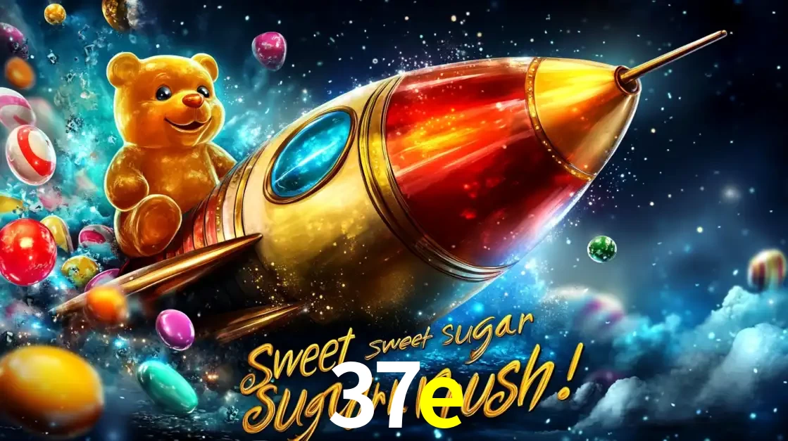 Arte promocional do jogo de slot Sugar Rush, com um urso de pelúcia em um foguete viajando pelo espaço de doces, um dos jogos divertidos disponíveis no cassino 37e.