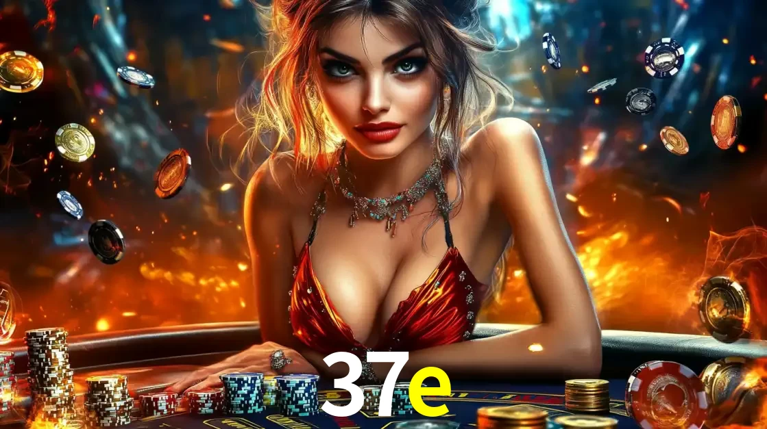 Mulher em uma mesa de cassino com pilhas de fichas e um fundo de fogo, pronta para uma rodada de altas apostas nos jogos de mesa emocionantes do cassino 37e.