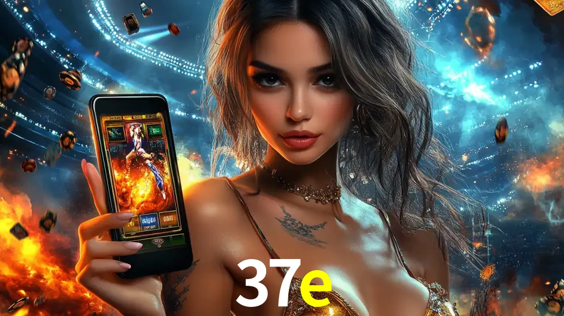 Mulher segurando um celular com um jogo de slot em destaque, tendo como fundo um estádio vibrante, simbolizando a emoção de jogar no cassino móvel 37e.