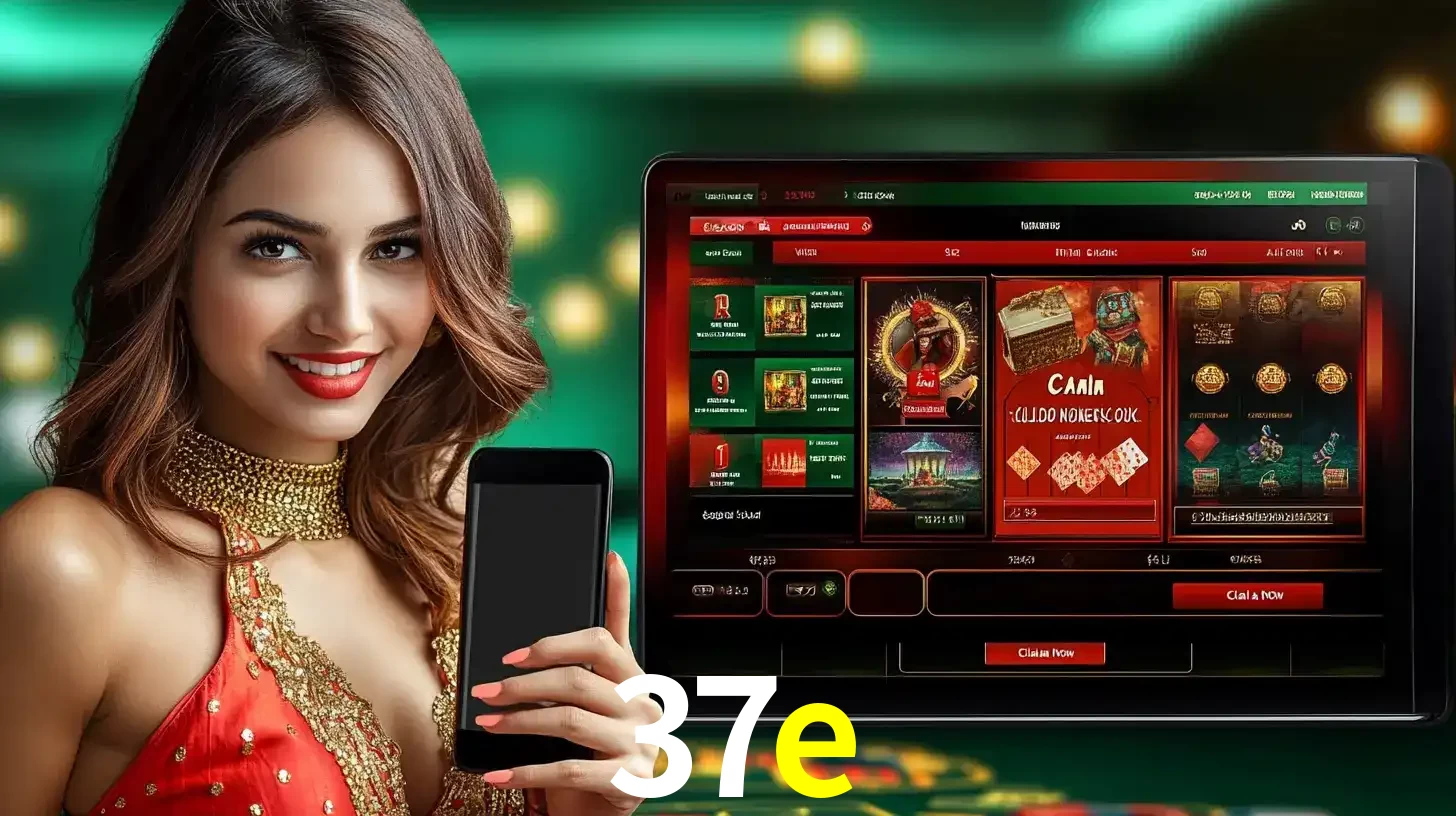 Mulher sorridente segurando um smartphone, ao lado de uma tela exibindo o lobby de jogos do cassino online 37e, com várias opções de jogos de cartas e slots.